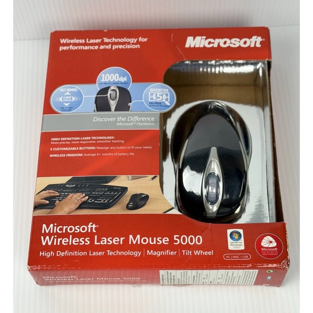 Microsoft Wireless Laser Mouse 5000 Black USB Receiver 1000 DPI